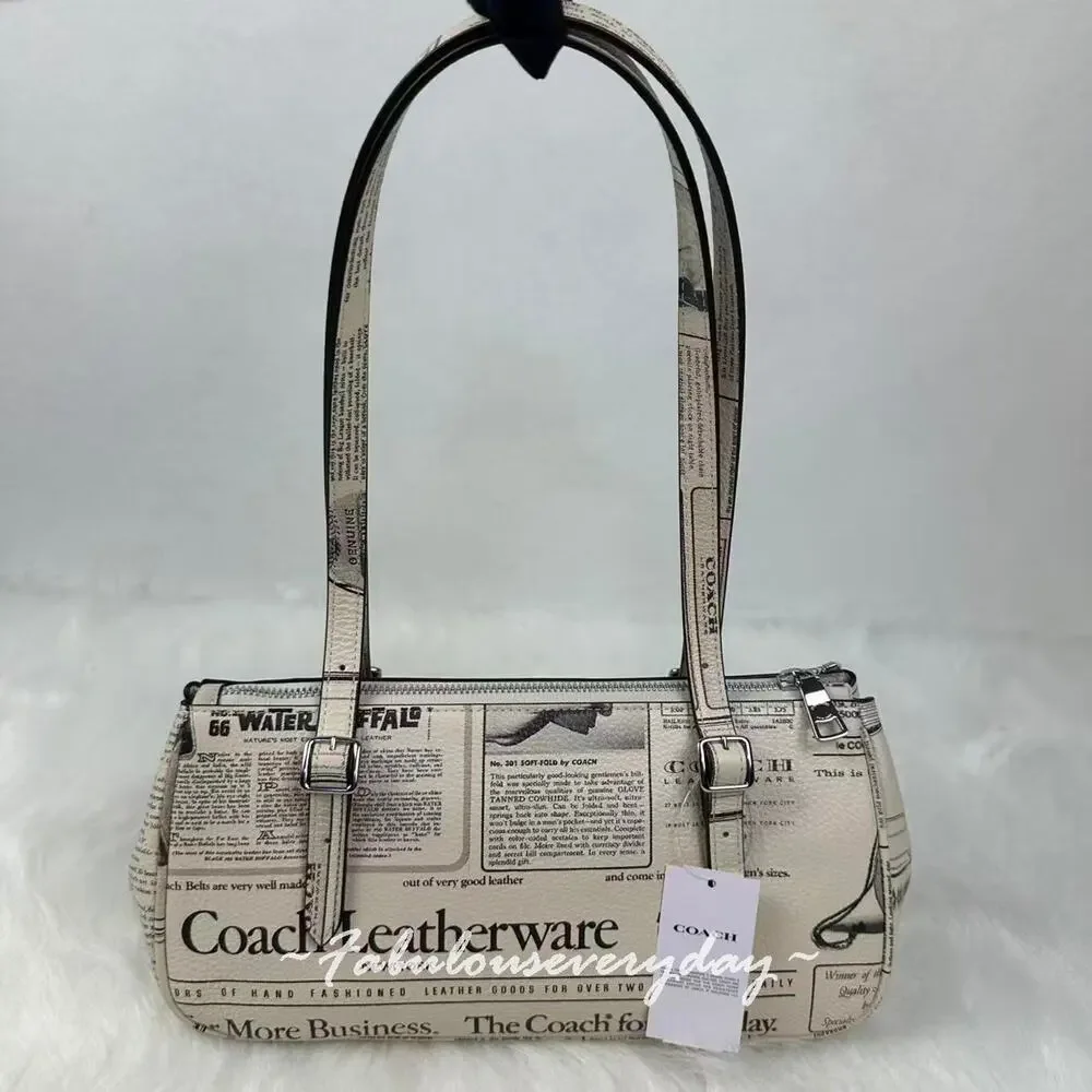 Coach Asher Shoulder Bag with Newspaper Print In Leather/Chalk Multi CDC11 NWT